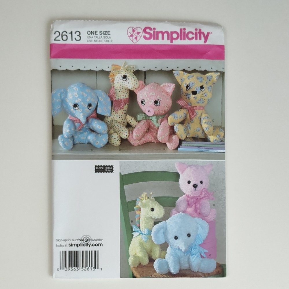 Simplicity 2613 Plush Toy Animal Sewing Pattern